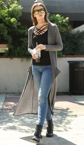 Women Lightweight Waffle Sweater Knit Long Sleeve Drape Maxi Duster Cardigan - Shop Lev