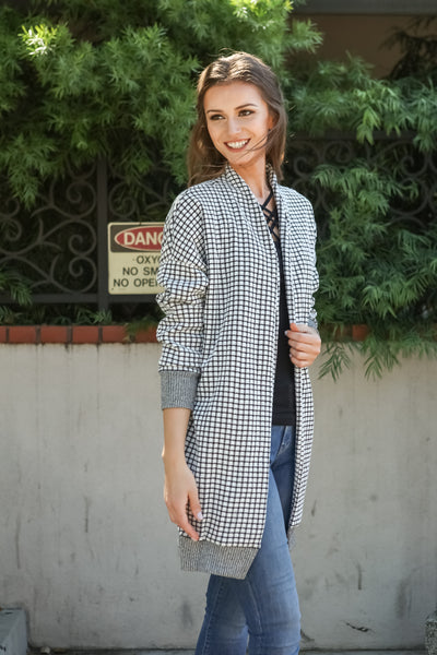 Women Gingham Checkered Casual Open Front Sweater Knit Longline Cardigan - Shop Lev