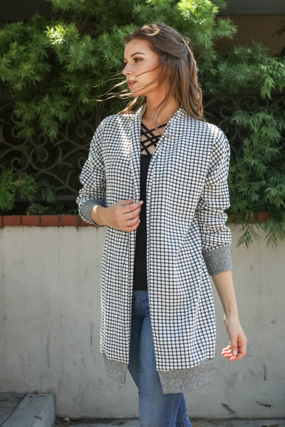Women Gingham Checkered Casual Open Front Sweater Knit Longline Cardigan - Shop Lev