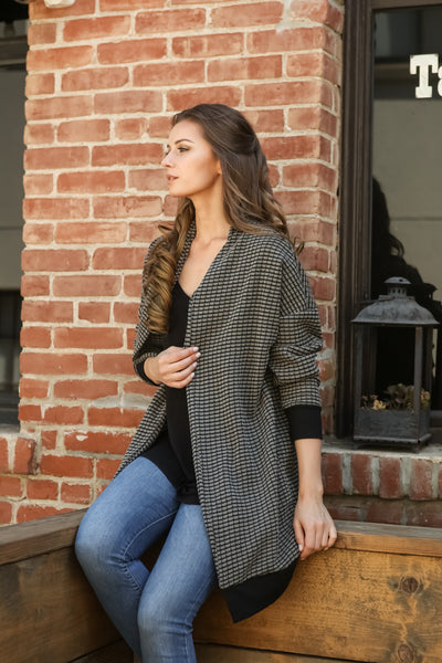 Women Gingham Checkered Casual Open Front Sweater Knit Longline Cardigan - Shop Lev