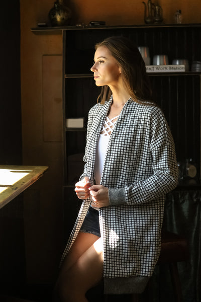 Women Gingham Checkered Casual Open Front Sweater Knit Longline Cardigan - Shop Lev