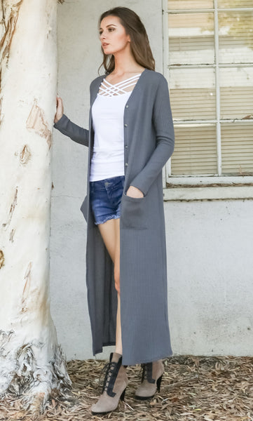 Women Lightweight Waffle Sweater Knit Long Sleeve Drape Maxi Duster Cardigan - Shop Lev