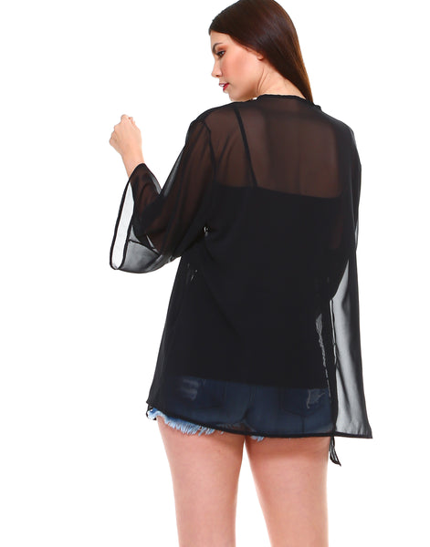 Solid chiffon loose fit kimono sleeves open cardigan and cover up - Shop Lev
