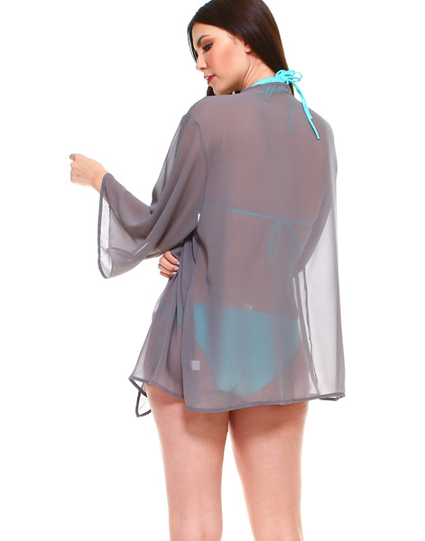 Solid chiffon loose fit kimono sleeves open cardigan and cover up - Shop Lev