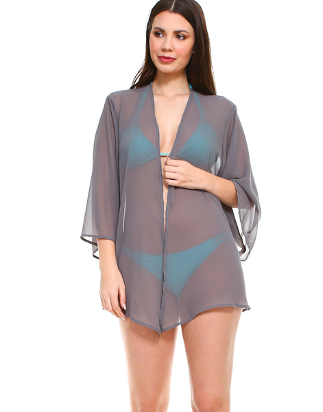 Solid chiffon loose fit kimono sleeves open cardigan and cover up - Shop Lev
