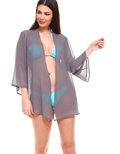 Solid chiffon loose fit kimono sleeves open cardigan and cover up - Shop Lev