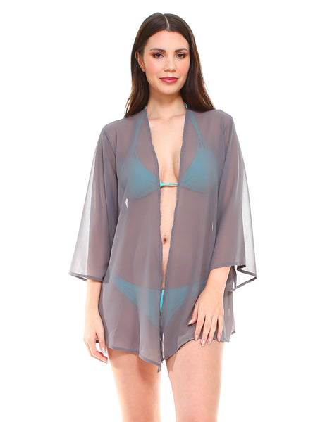 Solid chiffon loose fit kimono sleeves open cardigan and cover up - Shop Lev