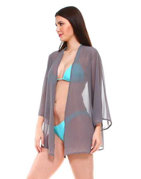 Solid chiffon loose fit kimono sleeves open cardigan and cover up - Shop Lev