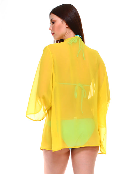 Solid chiffon loose fit kimono sleeves open cardigan and cover up - Shop Lev