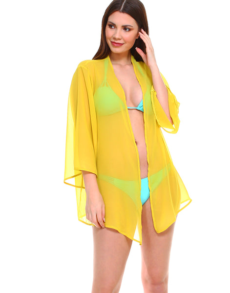 Solid chiffon loose fit kimono sleeves open cardigan and cover up - Shop Lev