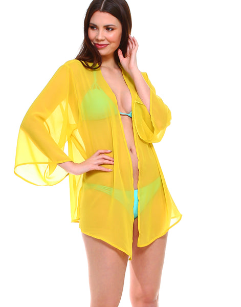 Solid chiffon loose fit kimono sleeves open cardigan and cover up - Shop Lev