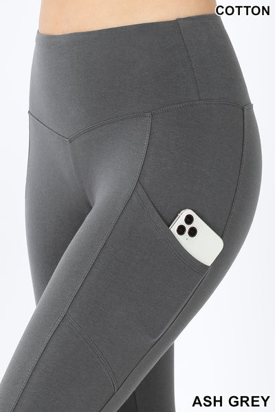 Women High Waist Wide Waistband Out Side Pocket Full Length Yoga Workout Cotton Leggings
