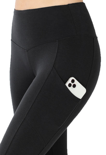 Women High Waist Wide Waistband Out Side Pocket Full Length Yoga Workout Cotton Leggings