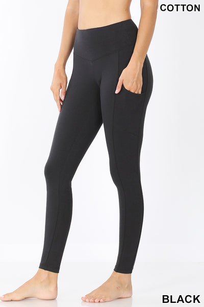 Women High Waist Wide Waistband Out Side Pocket Full Length Yoga Workout Cotton Leggings