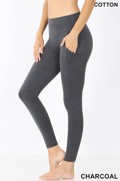 Women High Waist Wide Waistband Out Side Pocket Full Length Yoga Workout Cotton Leggings