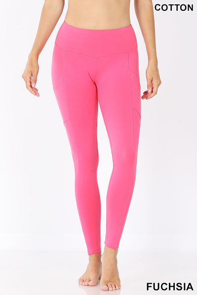 Women High Waist Wide Waistband Out Side Pocket Full Length Yoga Workout Cotton Leggings