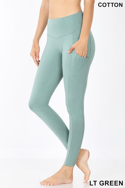Women High Waist Wide Waistband Out Side Pocket Full Length Yoga Workout Cotton Leggings