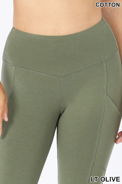 Women High Waist Wide Waistband Out Side Pocket Full Length Yoga Workout Cotton Leggings