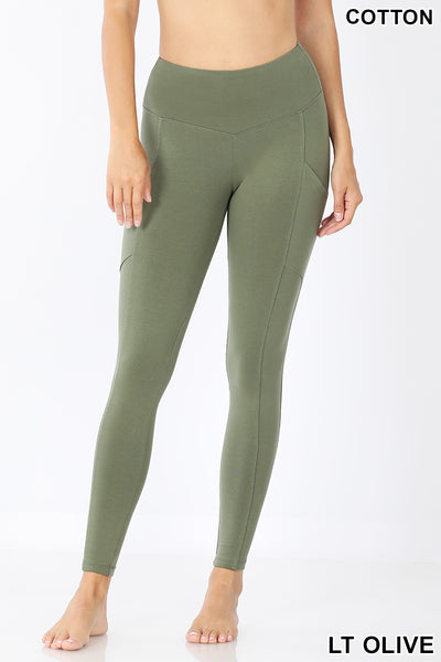 Women High Waist Wide Waistband Out Side Pocket Full Length Yoga Workout Cotton Leggings
