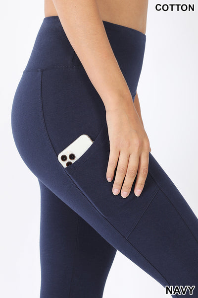 Women High Waist Wide Waistband Out Side Pocket Full Length Yoga Workout Cotton Leggings
