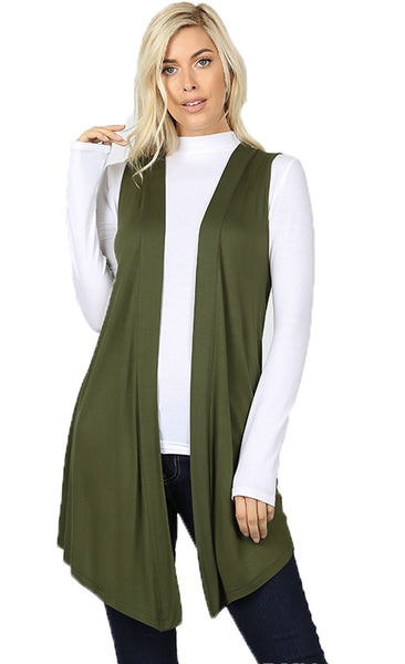 Women Draped Flowy Lightweight Jersey Casual Layering midi Length Cardigan Vest -Sleeveless and Long Sleeves