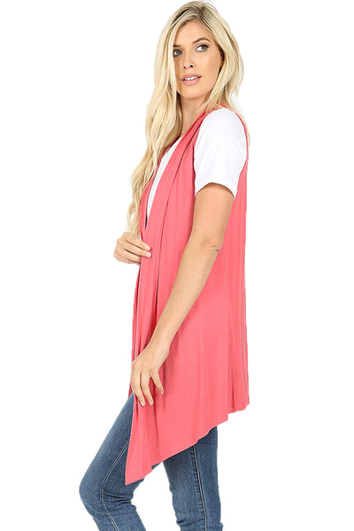 Women Draped Flowy Lightweight Jersey Casual Layering midi Length Cardigan Vest -Sleeveless and Long Sleeves