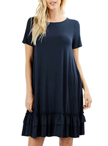 Women Scoop Neck Comfy Middy Length Flare Ruffle Dress with Pockets - Shop Lev