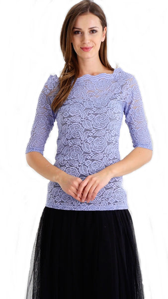 Floral Lace Half Sleeve Low Scoop Neck Top - Shop Lev