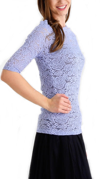 Floral Lace Half Sleeve Low Scoop Neck Top - Shop Lev