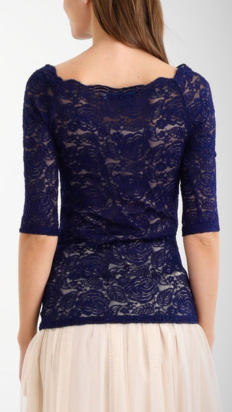 Floral Lace Half Sleeve Low Scoop Neck Top - Shop Lev