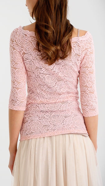 Floral Lace Half Sleeve Low Scoop Neck Top - Shop Lev