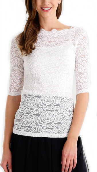 Floral Lace Half Sleeve Low Scoop Neck Top - Shop Lev
