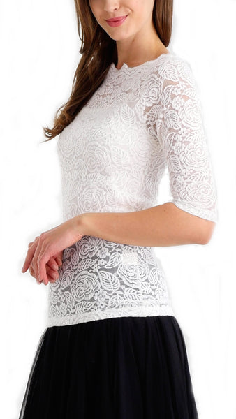 Floral Lace Half Sleeve Low Scoop Neck Top - Shop Lev