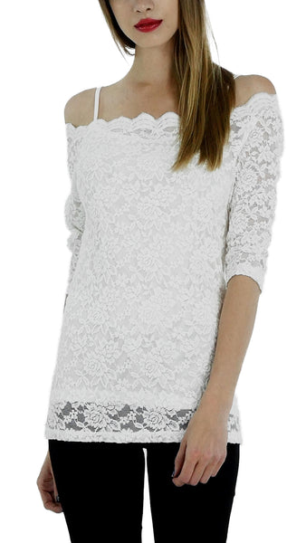 Lace Half Sleeve Low Scallop Neck Top - Shop Lev