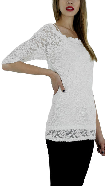 Lace Half Sleeve Low Scallop Neck Top - Shop Lev