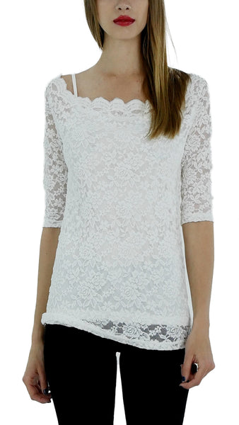 Lace Half Sleeve Low Scallop Neck Top - Shop Lev