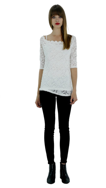 Lace Half Sleeve Low Scallop Neck Top - Shop Lev