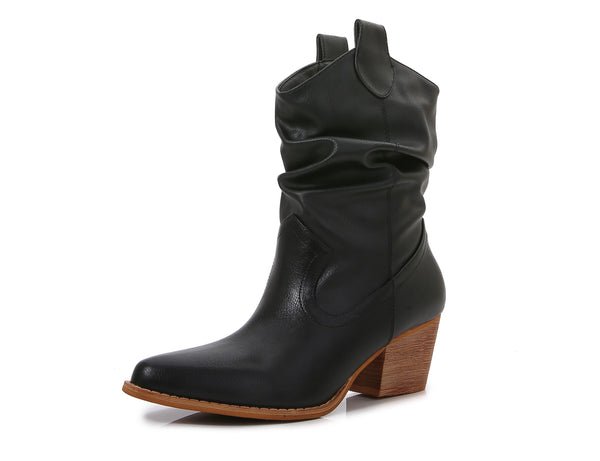 Premium PU Leather Wooden Heel Long Chelsea Boots