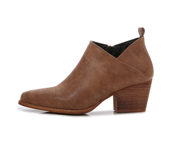 Women's Aztec Embroidered  PU Faux Leather Wooden Heel Zippered Fashion Ankle Boots Booties