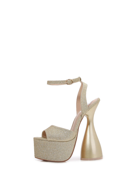 Glitter Ankle Strap Open Toe Platform Block Heels