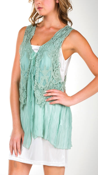 Short Lace Chiffon Vest with lace tie on the chest - Shop Lev