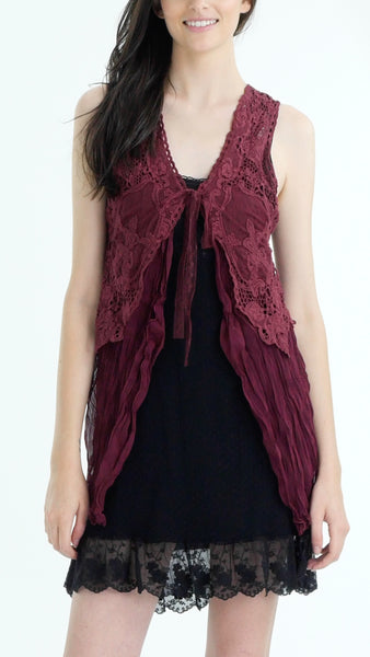 Short Lace Chiffon Vest with lace tie on the chest - Shop Lev