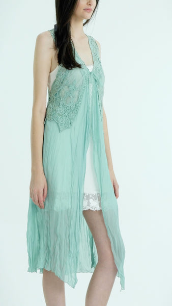 Lace Chiffon Long Lace Vest with lace tie on the chest - Shop Lev