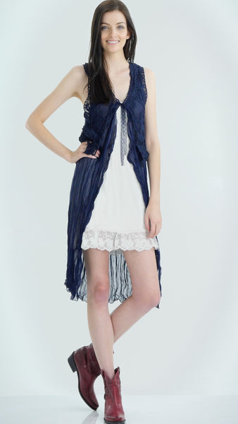 Lace Chiffon Long Lace Vest with lace tie on the chest - Shop Lev