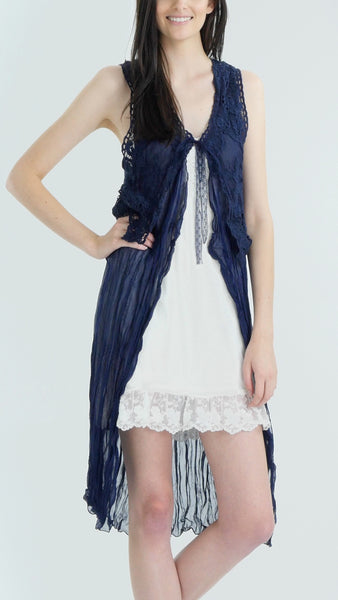 Lace Chiffon Long Lace Vest with lace tie on the chest - Shop Lev