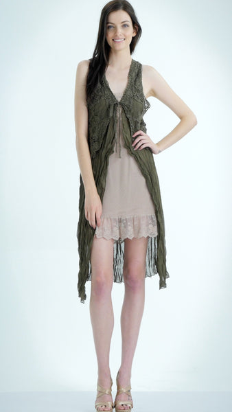Lace Chiffon Long Lace Vest with lace tie on the chest - Shop Lev