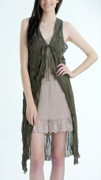 Lace Chiffon Long Lace Vest with lace tie on the chest - Shop Lev
