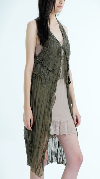 Lace Chiffon Long Lace Vest with lace tie on the chest - Shop Lev
