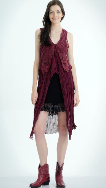 Lace Chiffon Long Lace Vest with lace tie on the chest - Shop Lev
