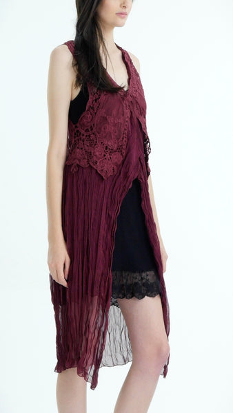 Lace Chiffon Long Lace Vest with lace tie on the chest - Shop Lev